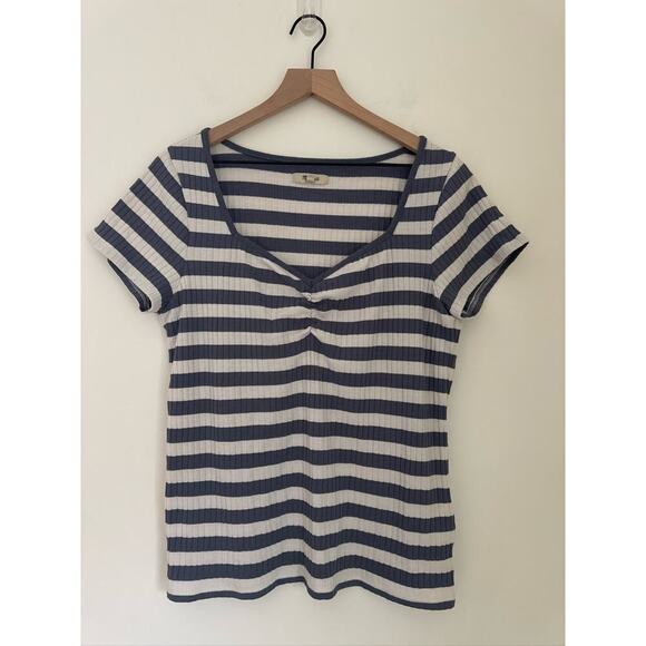 Madewell Ribbed Sweetheart Tee in Strips- Blue and White - XL - Picture 2 of 8